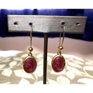 Oval Dangle Shimmery Enamel Purple/Red Swirl Gold Tone Bead Pierced Earrings